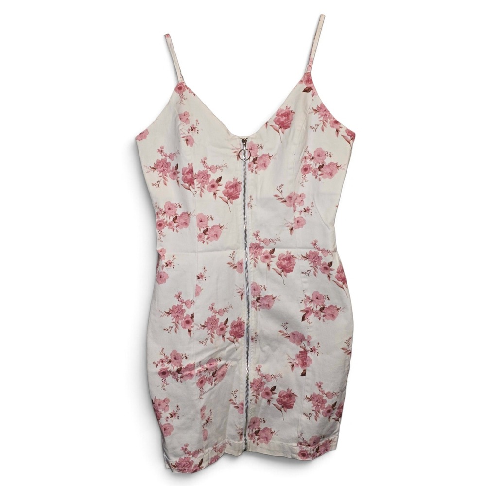 Iris Mini Dress Womens Large White Pink Good Floral Zipper Front Bodycon